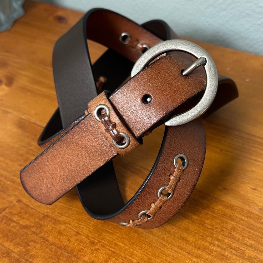 Rolfs Brown Tan Leather Belt Grommets Leather Weave Detail XL